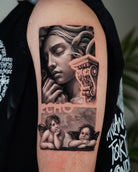 John Boy Tattoo large-tattoo-angel-statue-cherubs-black-and-grey-realism-grand-tatouage-statue-anges-noir-et-gris-tatuaje-grande-estatua-angeles-brazo-john-boy-tattoo-israel