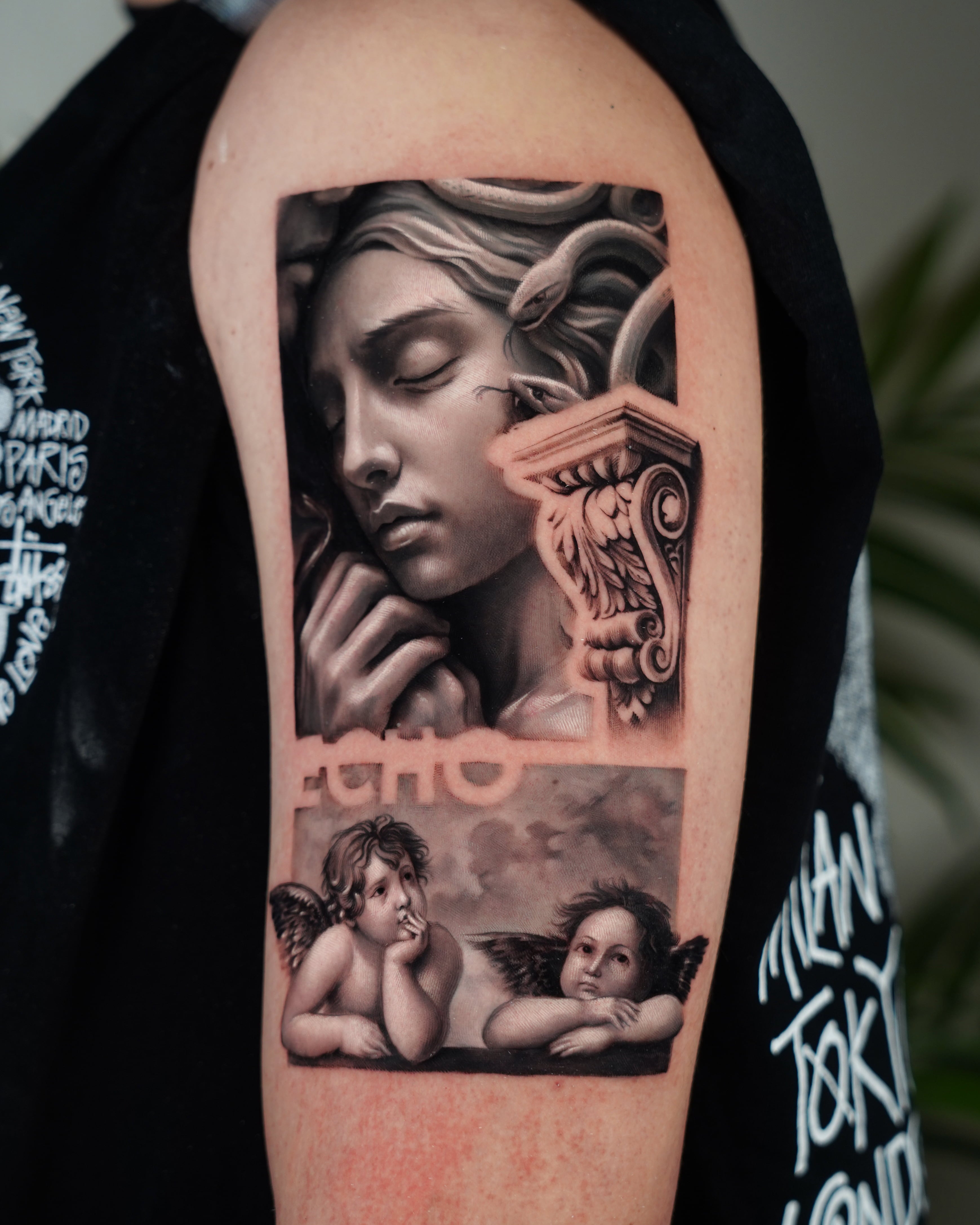 John Boy Tattoo large-tattoo-angel-statue-cherubs-black-and-grey-realism-grand-tatouage-statue-anges-noir-et-gris-tatuaje-grande-estatua-angeles-brazo-john-boy-tattoo-israel
