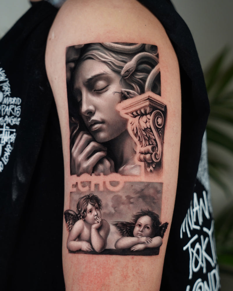 John Boy Tattoo large-tattoo-angel-statue-cherubs-black-and-grey-realism-grand-tatouage-statue-anges-noir-et-gris-tatuaje-grande-estatua-angeles-brazo-john-boy-tattoo-israel